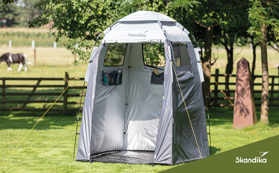 Skandika Camping Shower Tent | Privacy Changing Tent with 230cm Height, Silver-Coated, Waterproof, Separate Ground Sheet, 3 Ventilated Windows, Towel Holder, Shower Attachment | Toilet Tent