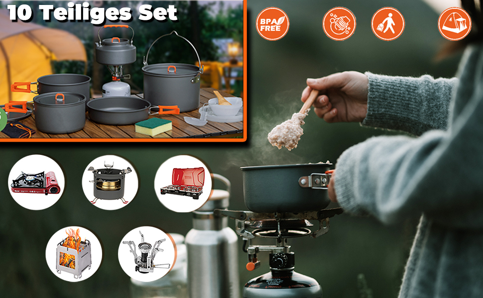 Набір кухонного посуду для кемпінгу, 10 предметів: каструля, сковорода, чайник, сумка для зберігання. Для кемпінгу, пікніків та походів