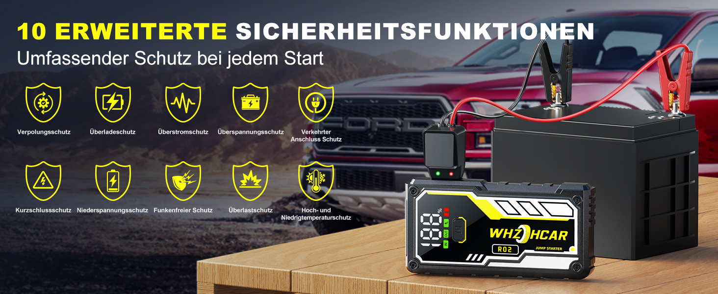 Powerbank для автомобіля 8000A 12V – Пусковий пристрій, бустер для акумулятора, зарядний пристрій для бензинових та дизельних авто (до 10л) з LCD дисплеєм, LED ліхтарем та кабелями для підключення (чорний)