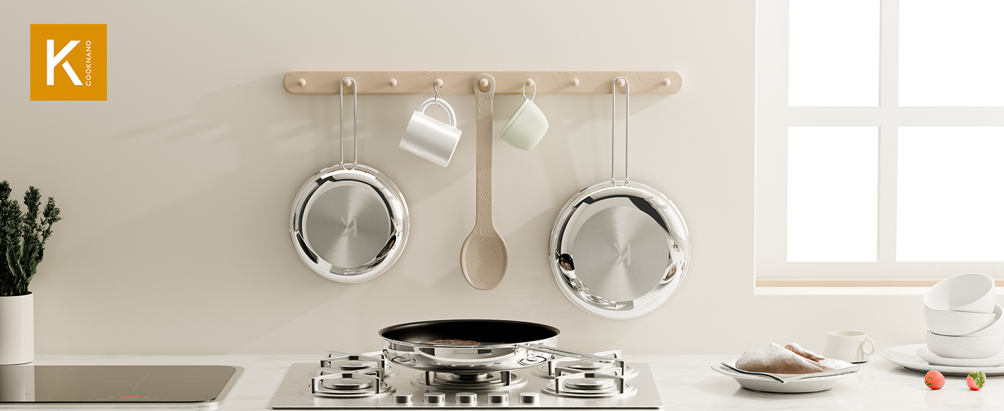 Набір сковорідок CookNANO 3 шт. (22/26/30 см), нержавіюча сталь з 4-шаровим антипригарним покриттям, індукційні, легко миються