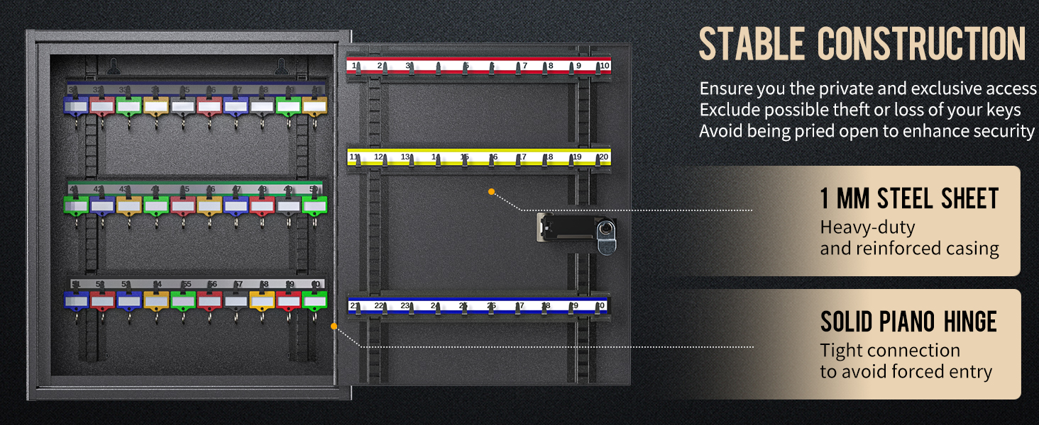 Шкафчик для ключів Uniclife на 60 позицій з комбінацією та ключовим замком, чорного кольору, з регульованими полицями. Цифрова скринька безпеки, органайзер для ключів