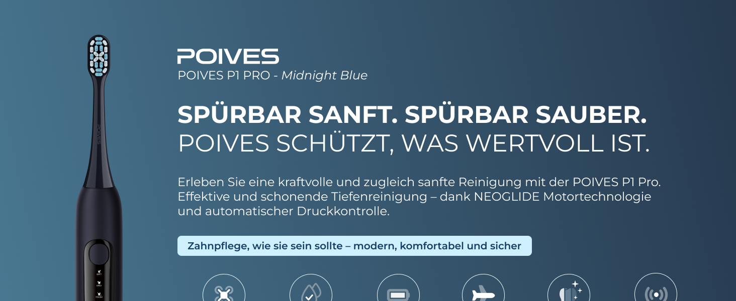 Електрична зубна щітка POIVES P1 Pro з датчиком тиску, 72 000 рухів, гарантія до 4 років, 111 днів без ризику, тривалий час роботи, колір: Midnight Blue