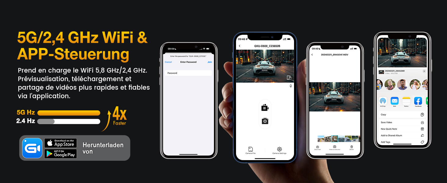Відеореєстратор GKU Dashcam Auto: 4K+1080P, WiFi 2.4/5GHz, SD 64GB, Паркувальний режим, Нічне бачення, WDR, 170° Кут огляду, G-сенсор, Циклічна запис, Керування через APP, Чорний