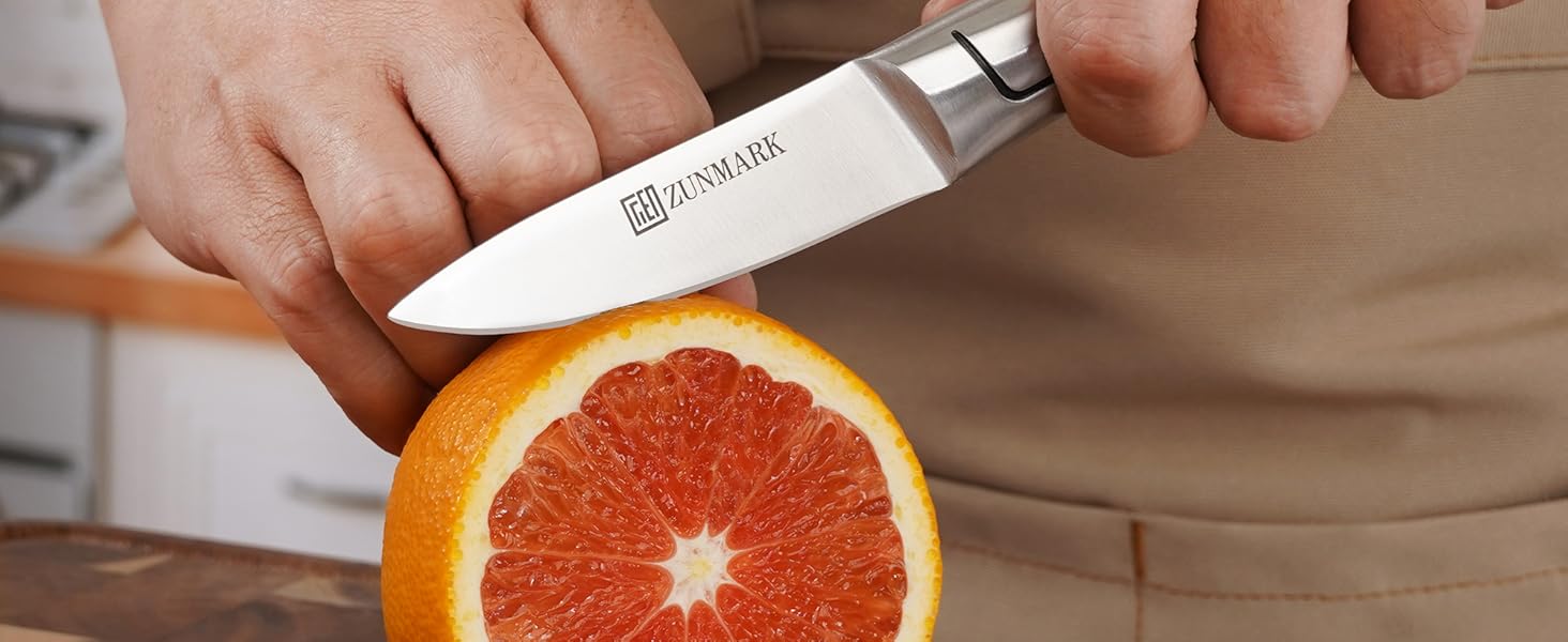 Набір ножів у блоці 13 предметів з нержавіючої сталі з ергономічними ручками, набір кухонних ножів для кухні, дерев'яний блок з шкіряним ремінцем (чорний та срібний)