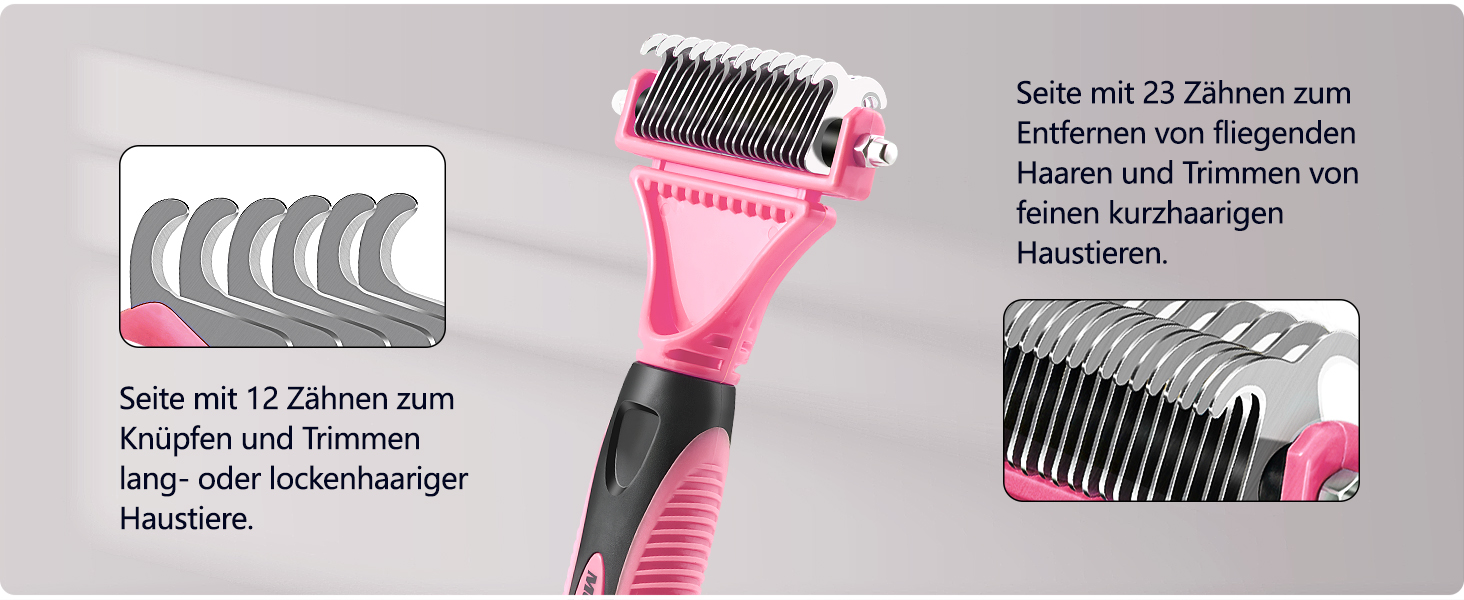 Щітка для собак та котів, 12+23 зубчики, сталевий гребінець для видалення шерсті, двостороння, проти ковтання, для собак, велика, рожева