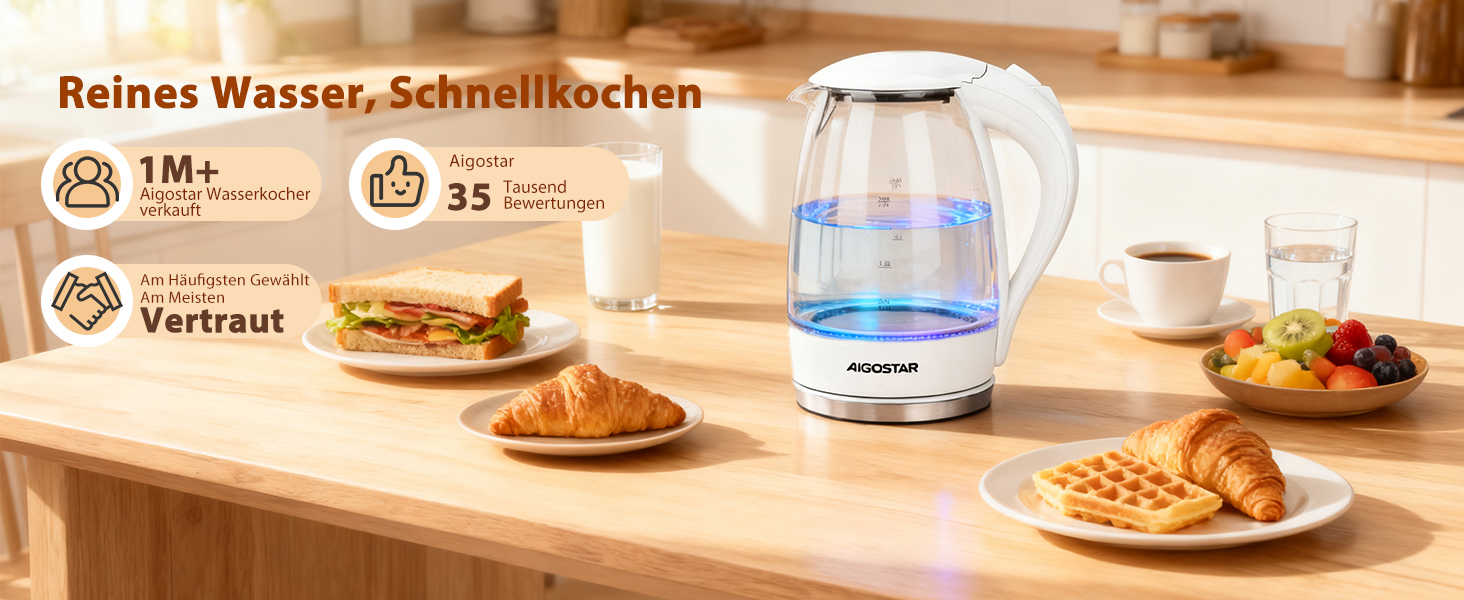 Електричний чайник Aigostar 1.7 л, 2200 Вт, зі скляною колбою, LED-підсвічуванням, без BPA, з фільтром від накипу, чорний (Eve)