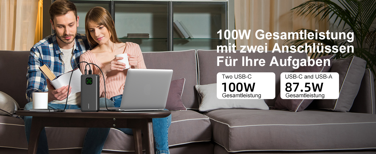 Power Bank 65W 25000mAh Klein Aber Stark для ноутбука та iPhone/iPad: портативний акумулятор з LED дисплеєм, USB-C, сірий