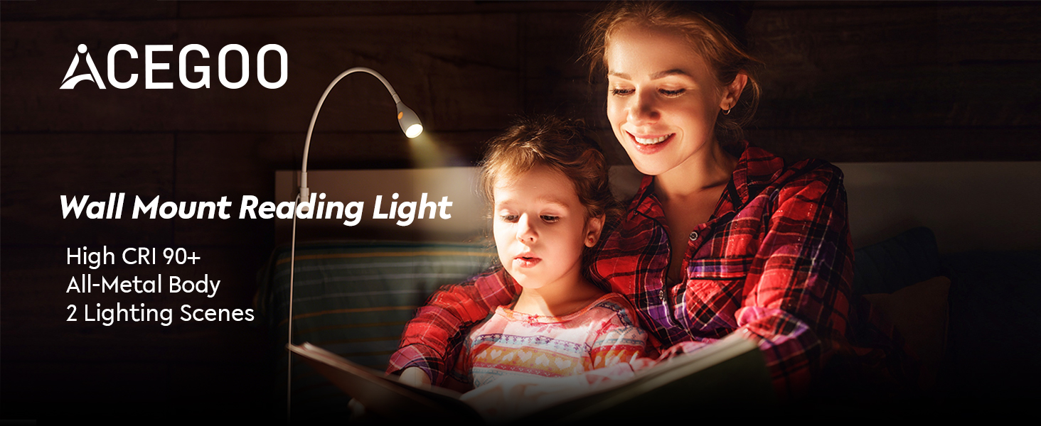 Світлодіодна настільна лампа Acegoo для читання з гнучким регульованим кронштейном (білий). Лампа для ліжка, настінна, диммована, 3000K, поворотна головка для спальні та книг.