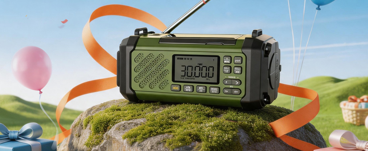 Радіо на механічній ручці Vikeri 12000mAh з сонячною панеллю, AM/FM/SW, LED ліхтарик, SOS сигнал, компас, USB-C зарядка для телефону, портативне радіо для надзвичайних ситуацій (Зелений)