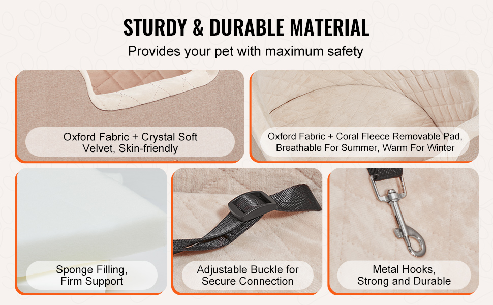 Автокрісло для собак VEVOR, 560x508x410 мм, з кишенею, страхувальним ременем та м'якою підкладкою, для собак малого та середнього розміру до 25 кг, світло-коричневе