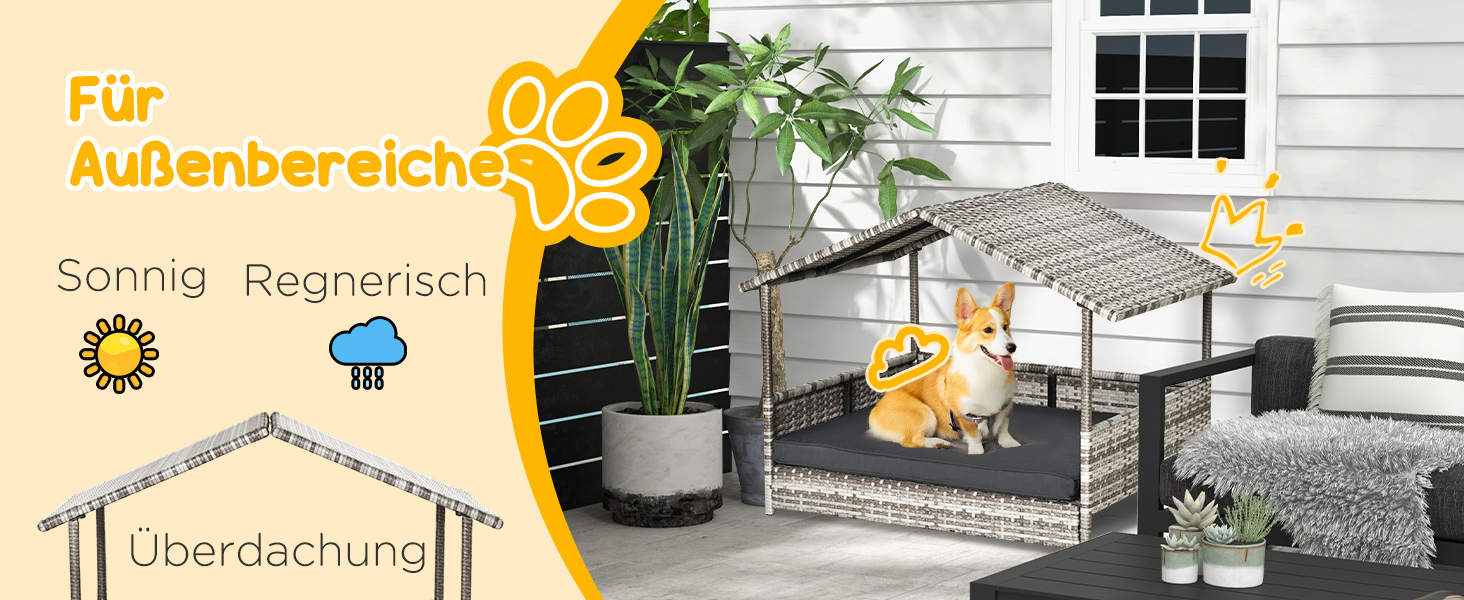 Лежанка для собак PawHut з дахом, ротанг, для вулиці, 69 x 98 x 70 см (Сірий)