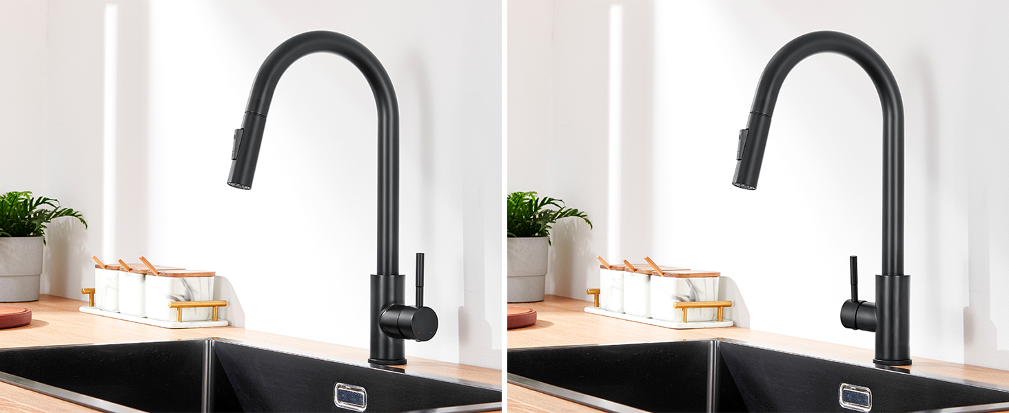 Змішувач кухонний Lonheo з висувною лійкою, високий поворотний кран для кухні з нержавіючої сталі, двофункціональний, для мийки, матовий чорний