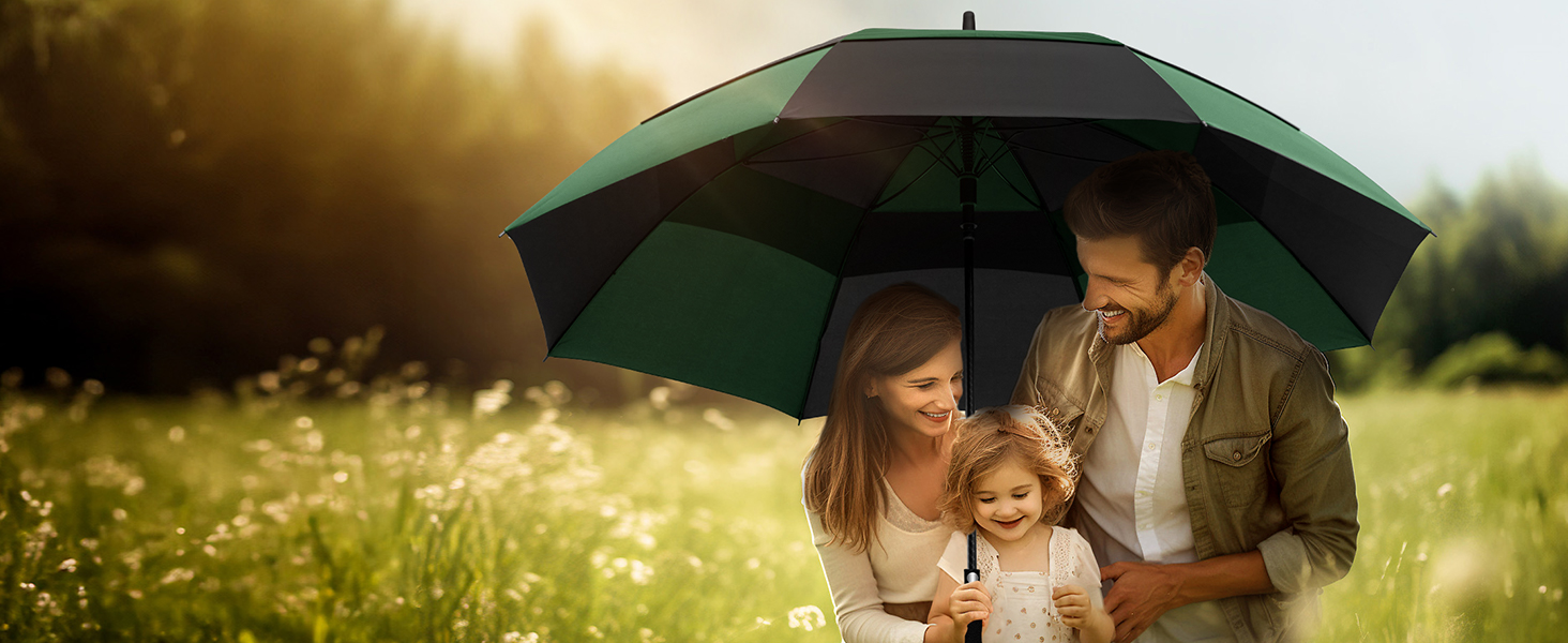 TECKNET Головний парасолька великий XXL, гольф-парасолька 173 см, стійкий до вітру, подвійний купол, вентильований, автоматичне відкриття, ручка EVA, для жінок та чоловіків (чорний та зелений, 150 см)