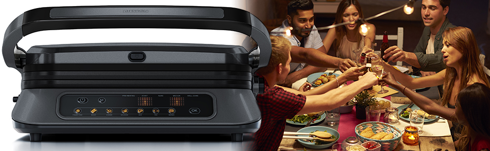 Arendo Electric Grill - Contact Grill, Tabletop Grill & Sandwich Maker with Digital Control - 1900W, 7 Programs, Removable Plates, Stainless Steel