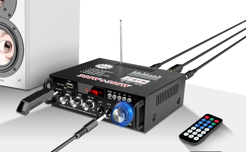 Міні підсилювач HiFi стерео 300Вт+300Вт, бездротовий аудіо підсилювач Bluetooth 5.0, MP3, SD, USB, FM, цифровий приймач для домашніх колонок