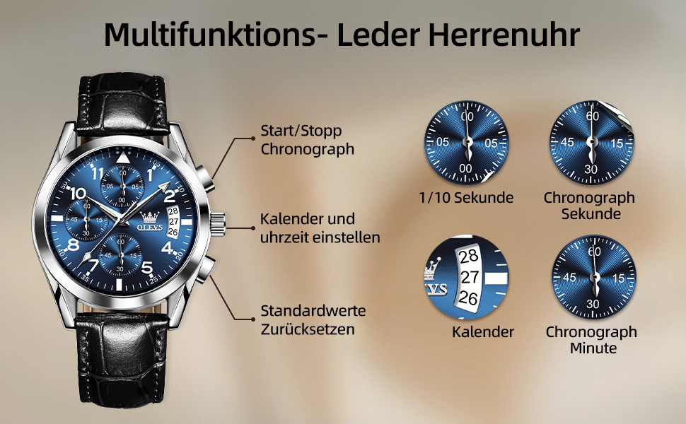 Годинник чоловічий OLEVS Vintage з шкіряним ремінцем, велике циферблат, водостійкий, з датою (2878, блакитний циферблат/чорний ремінець)