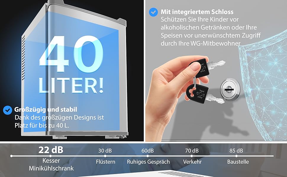Міні-холодильник KESSER® 40L з замком: для кемпінгу, офісу, спальні, готелю, кухні. Безшумний, з LED-підсвіткою та відкривачем для пляшок. Срібний колір.