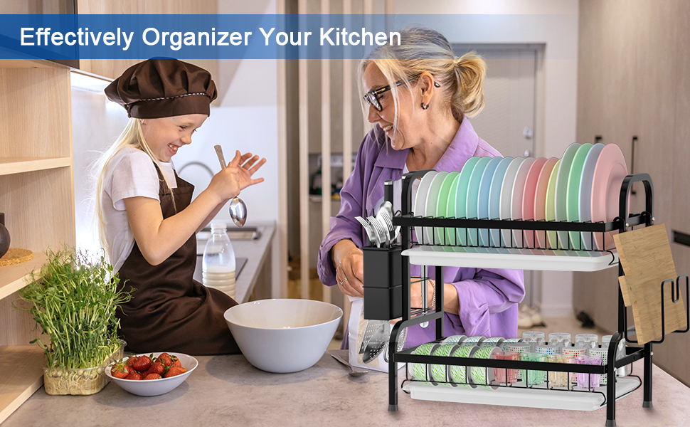 Сушарка для посуду Astoryou 2-ярусна, чорна, з підставкою для столових приборів, з нержавіючої сталі (42x23x41 см)