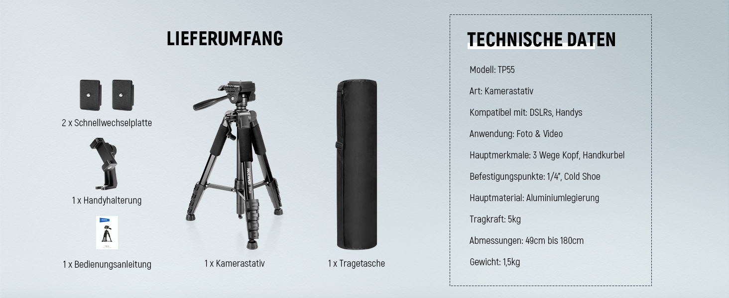 Штатив для камери та смартфона NEEWER Basics (TP55), легкий алюмінієвий туристичний трипод 188 см з 3-позиційною нахильною головкою