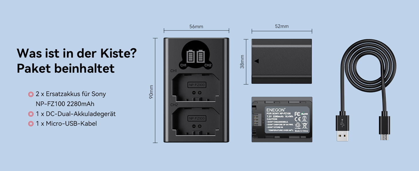 Запасний акумулятор ENEGON (2 шт) та смарт-зарядний пристрій Dual USB для камер Sony NP-FZ100 (Alpha 9, A9R, A7RIII, A7 III, A7R4, A7RIV)