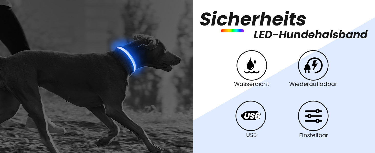 Світлодіодне нашийник для собак Leuchthalsband PcEoTllar, водонепроникний, 7 кольорів, регульований, для маленьких та великих собак, 8 режимів, синій, L (48-60 см)