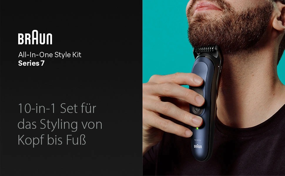 Braun Series 7 All-in-One AIO7545 – Триммер для бороди, волосся та тіла 10 в 1, сірий, акумулятор 120 хв, 14 насадок (0.1-21 мм), водонепроникний