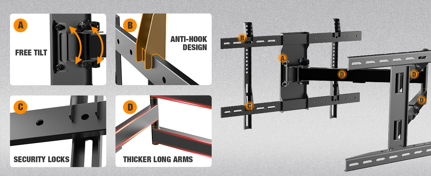 Настінний кріплення для телевізора з довгим шарнірним кріпленням, нахилом, поворотом та обертанням, висувним, для LCD/LED/OLED телевізорів 32-80 дюймів, 50 кг, VESA 600x400 мм