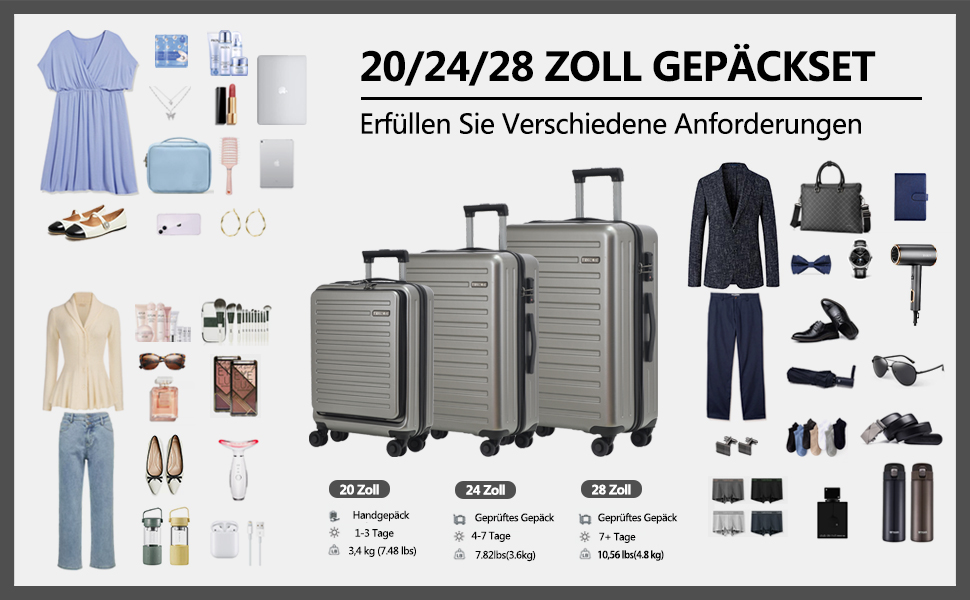Набір валіз TydeCkare 20/28' (55/66/76 см): 20' ручна валіза з кишенею для ноутбука, 28' велика валіза 101л, ABS+PC, з TSA замком, помаранчевий (темно-сірий), 3 шт.