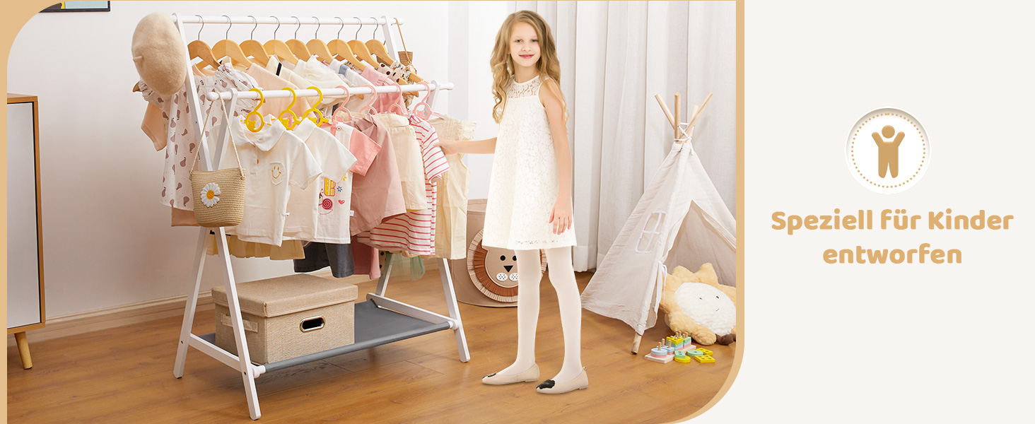 Дитяча вішалка для одягу Yorbay з бамбука, подвійна регульована штанга, полиці для зберігання, біла