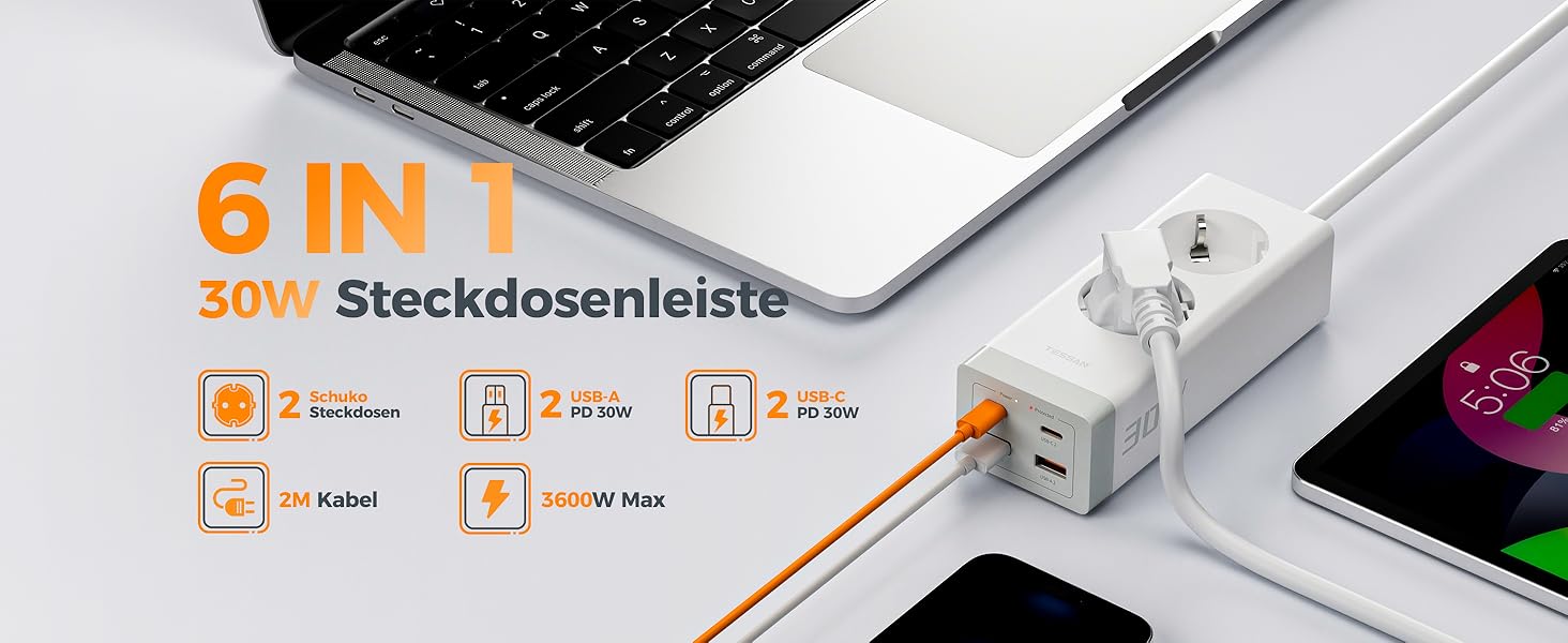 TESSAN Розподільник розеток USB-C 30W з GaN, 2 розетки, 2м кабель, захист від перенапруги 3600W, білий