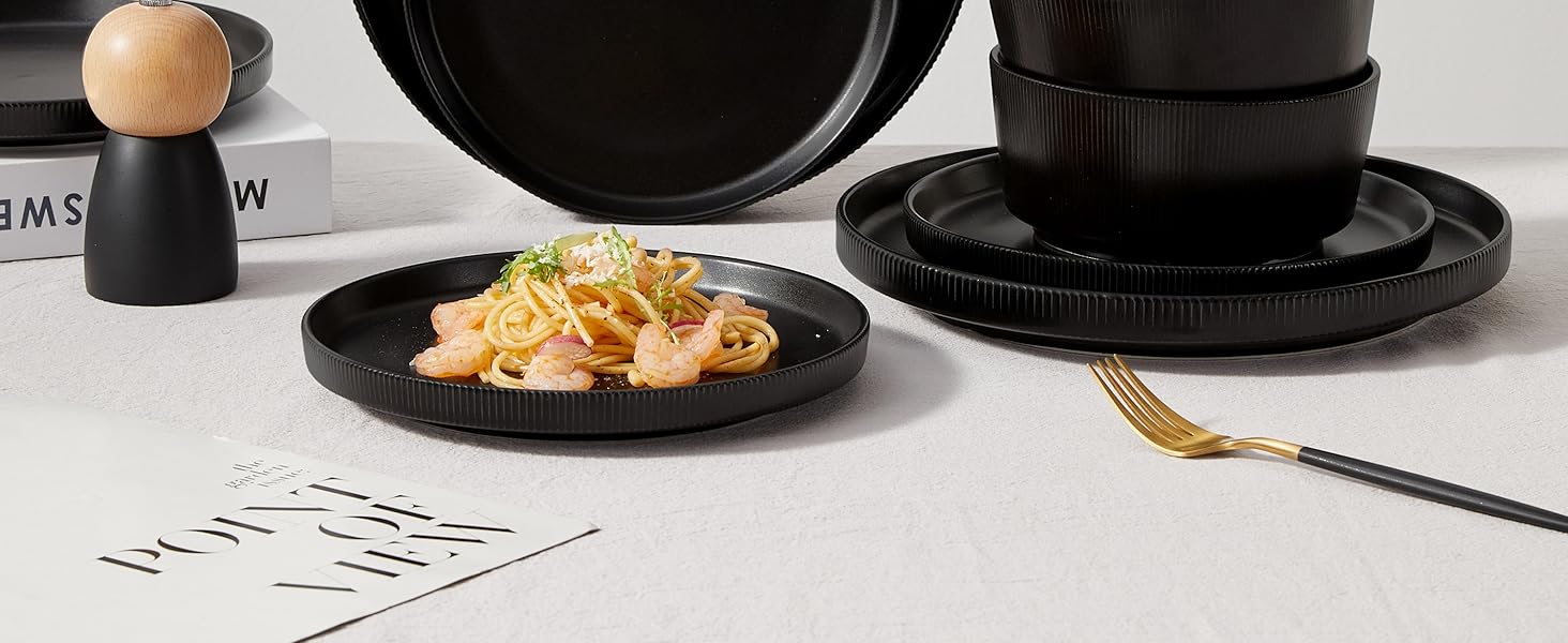 Набір посуду Jiwoo на 4 особи (12 предметів): тарілки, миски, десертні тарілки, Bone China, чорний матовий, для мікрохвильовки та посудомийної машини