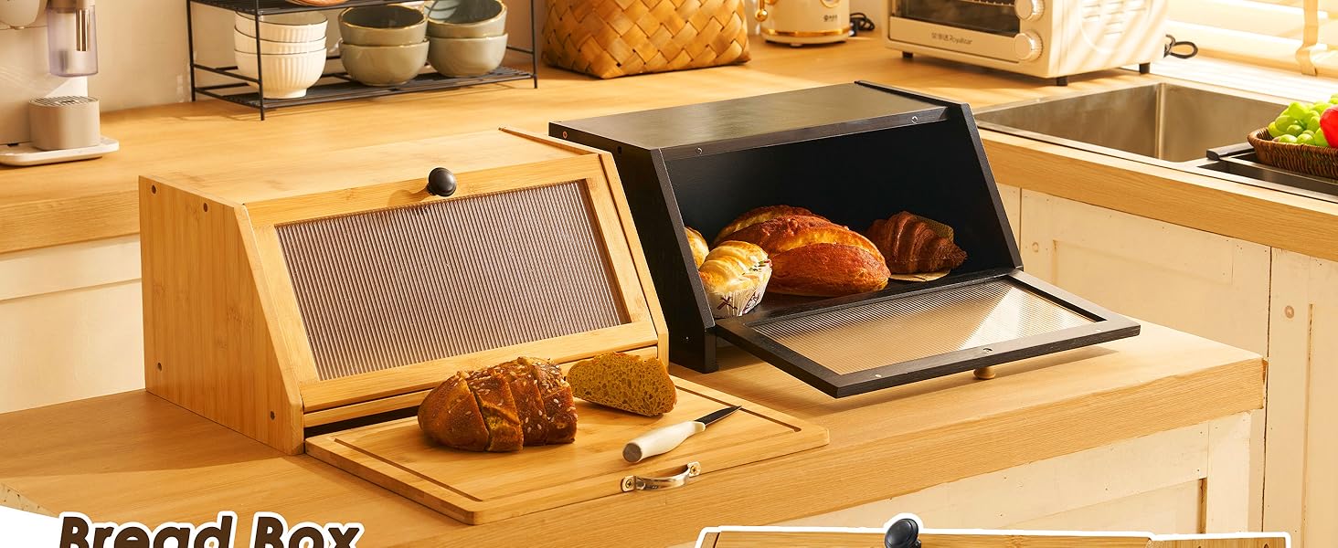 YOUDENOVA Блок для хліба з кришкою та дощечкою для нарізання, дерев'яний кошик для хліба, бамбукова скринька для зберігання хліба, солі та перечниці, 39x25x20 (ДxШxВ) см, (Натуральний)