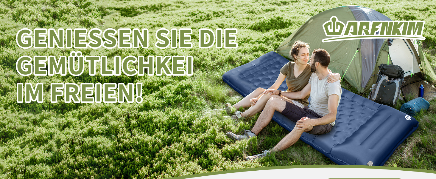 ARFNKIM Self-Inflating Camping Mat - 12cm Thick Sleeping Pad with Foot Pump & Pillow - Lightweight, Compact, Waterproof Sleeping Mat for Outdoor Use (Green/Blue)