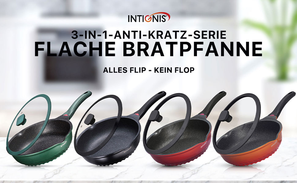 INTIGNIS® Преміум сковорода з кришкою, антипригарна, 28 см, глибока, сумісна з усіма типами плит, включаючи індукційну, без хімікатів, з надзвичайною антипригарним покриттям, чорна
