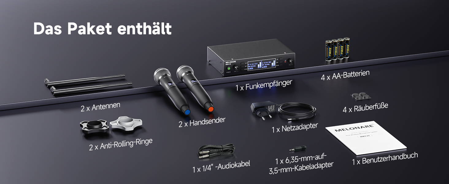 Система бездротового мікрофону Dual Channel MELONARE, професійний комплект, UHF, дальність 100 м, для співу, караоке, церкви