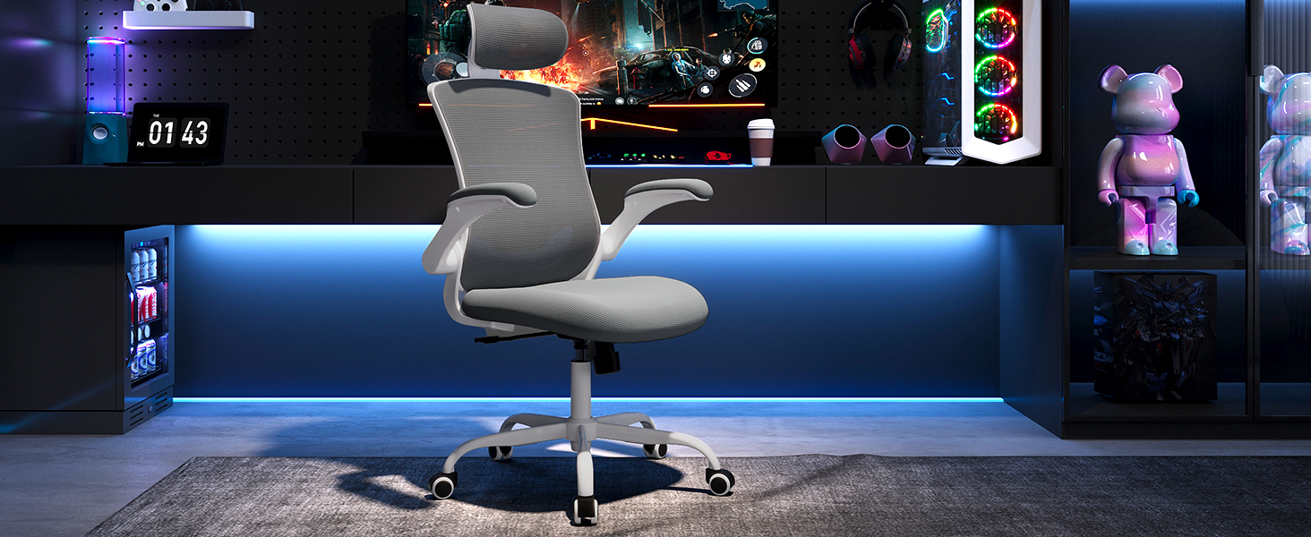 Офісне крісло Colamy з ергономічною підтримкою спини, регульованою підголівником та поперековою підтримкою, сітчасте, сірого кольору