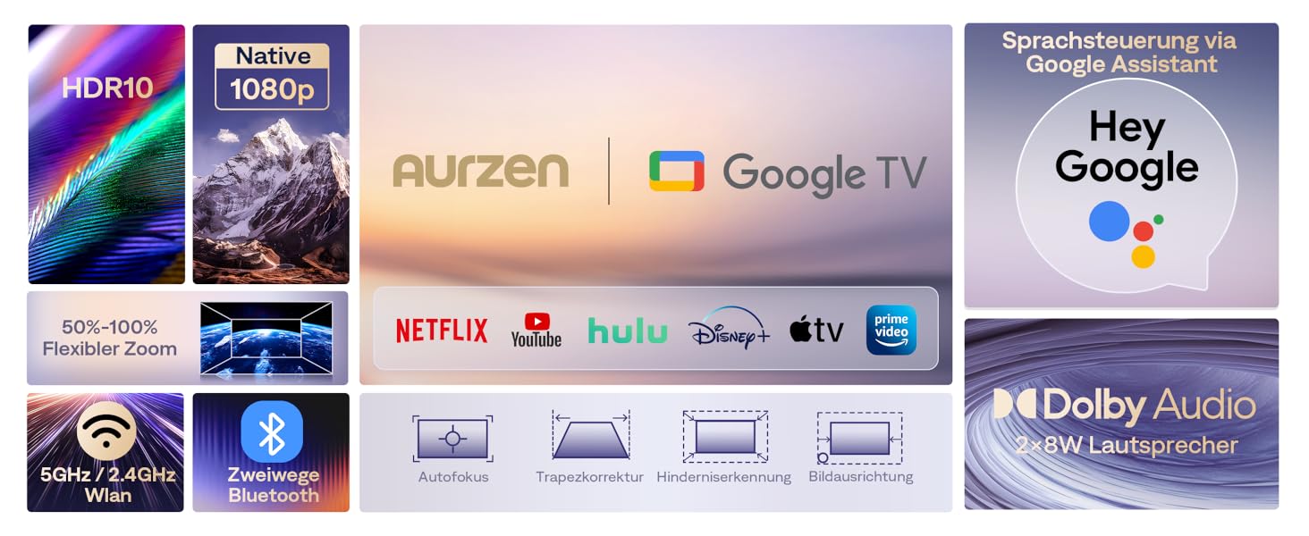 Aurzen Eazze D1 Smart Beamer: 4K проєктор для домашнього кінотеатру з WiFi, Bluetooth, автофокусом та корекцією трапецеїдальних спотворень. Підтримка Netflix, Dolby Audio, Full HD 1080P. Білий (GTV)