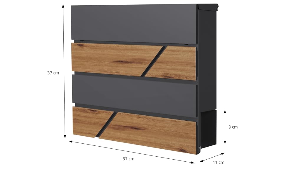 Поштовий ящик ML-Design Anthrazit/Ефект дерева Дуб, сталь, 37x37x11 см. Сучасний настінний поштовий ящик з газетницею, з замком та 2 ключами.