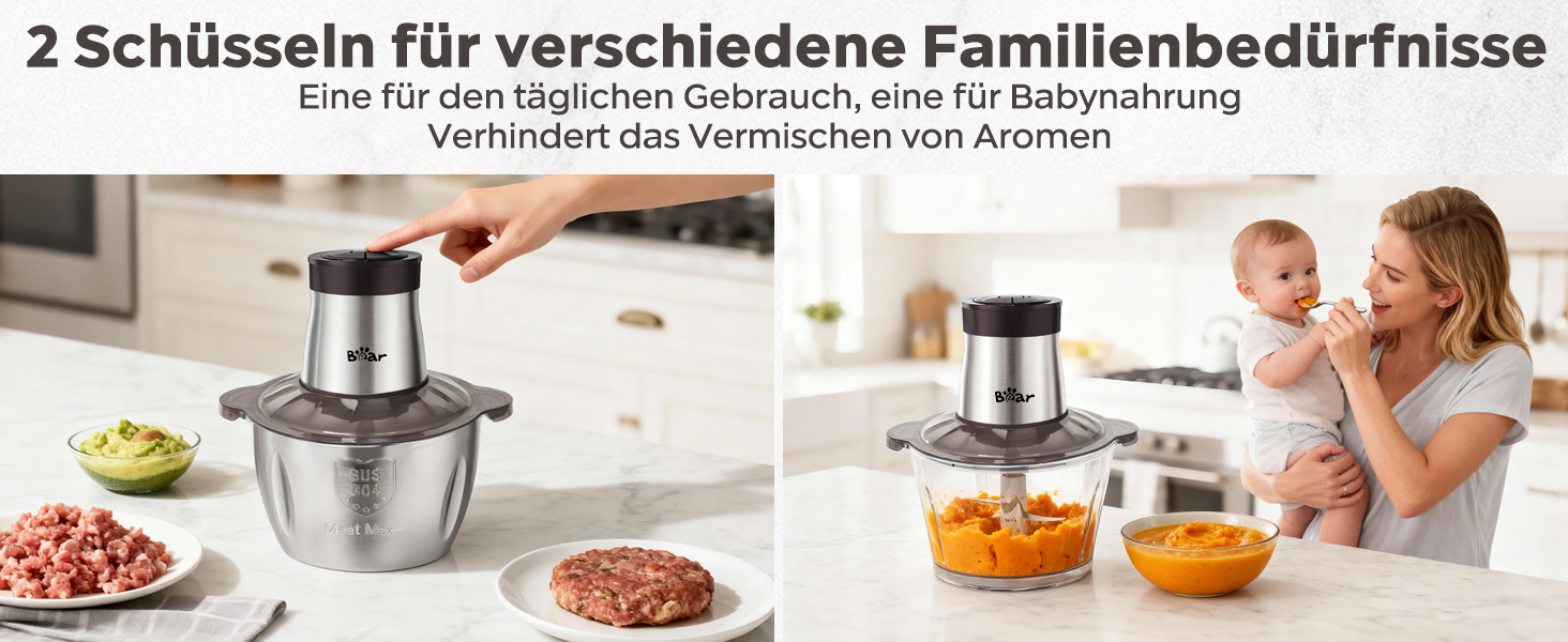 Електричний подрібнювач Bear 2L+1.8L з м'ясоподрібником, 600W, 2 швидкості, 4 леза з нержавіючої сталі, скляна ємність для м'яса, дитячого харчування, фруктів та овочів