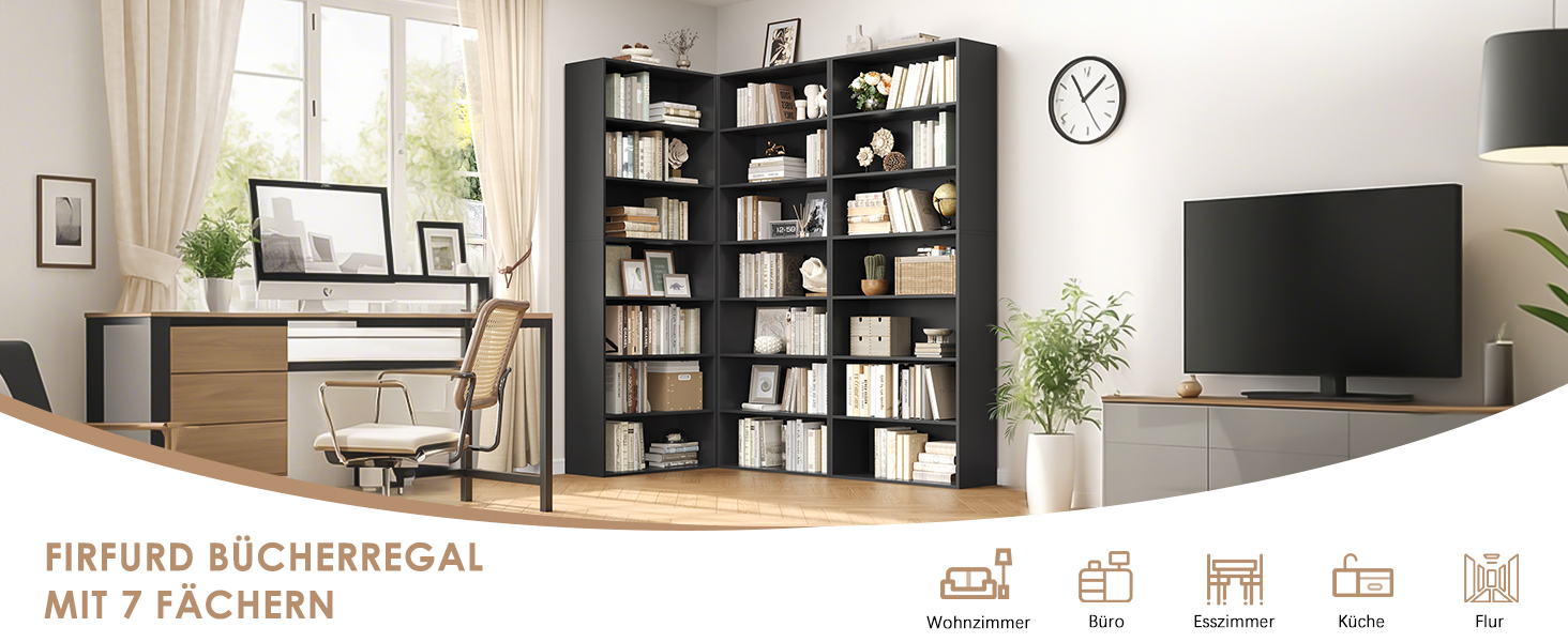 Книжкова шафа FirFurd з 7 полицями, чорна, 209,5x60x23,5 см, для вітальні, офісу та спальні