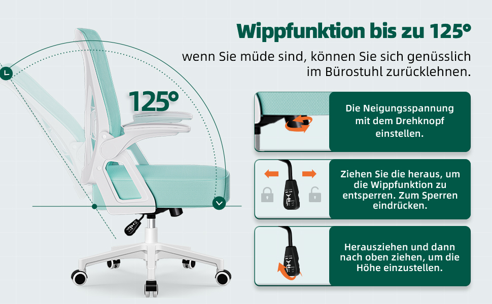 Ергономічне крісло для офісу, офісне крісло з відкидними підлокітниками, регульована поперекова підтримка, регульоване крісло для начальника, поворотне крісло, сітчасте крісло з функцією гойдання до 125° (Блакитно-зелене, без підголівника)