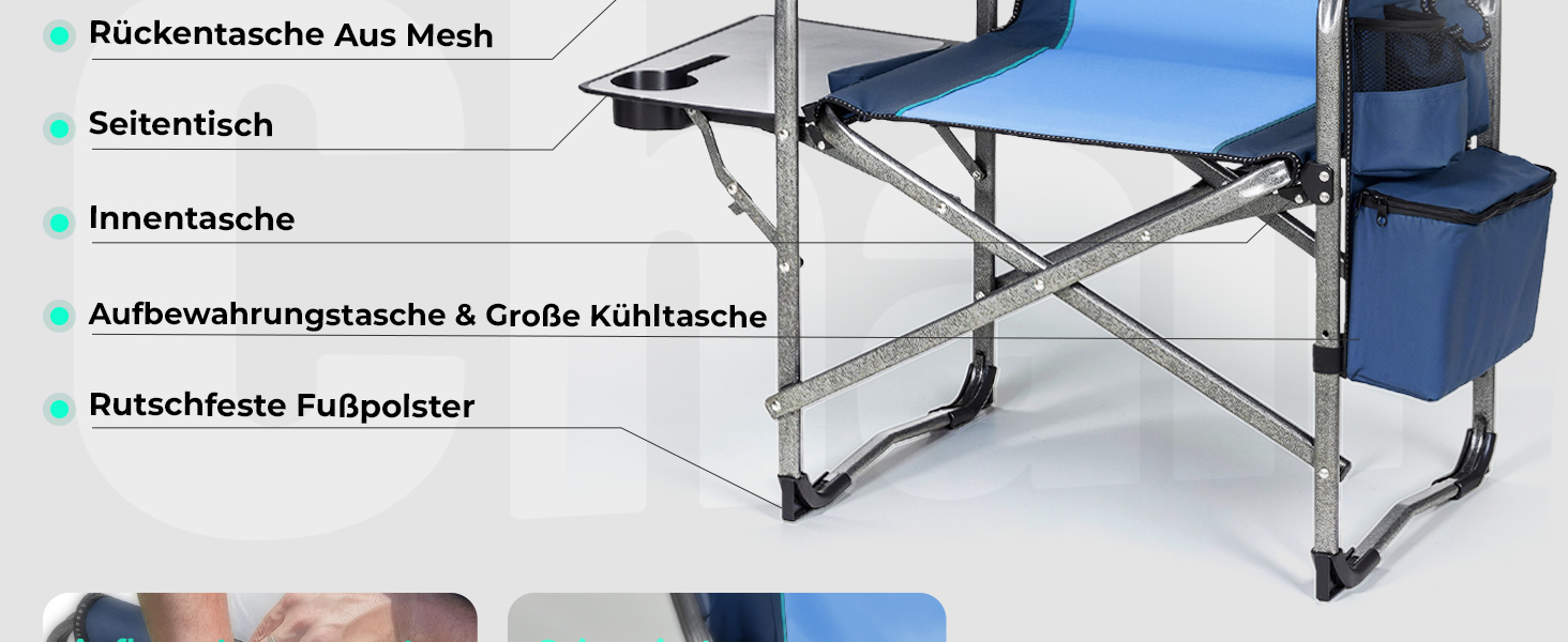 Кемпінговий стілець OVERMONT складний з бічним столиком та охолоджувальною сумкою, до 180 кг, синій