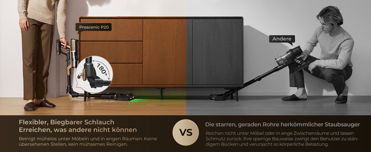 Бездротовий пилосос Proscenic P20 з функцією миття, 70KPa, 70 хв, 680W, самостійна док-станція, фільтр 6 шарів, 1,5л, для килимів та шерсті домашніх тварин, Aurum Black