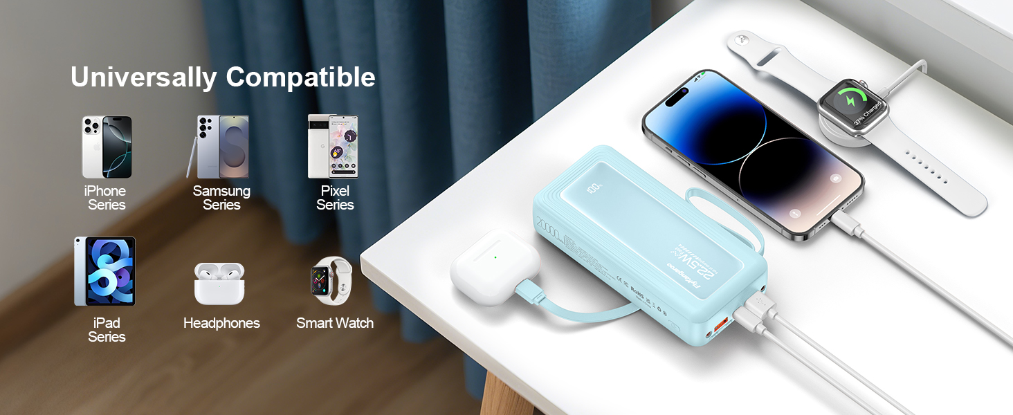 Power Bank 20000mAh, 22.5W, 6 виходів, 2 входи, LED дисплей, сумісний з iPhone, Samsung, Pixel, блакитний