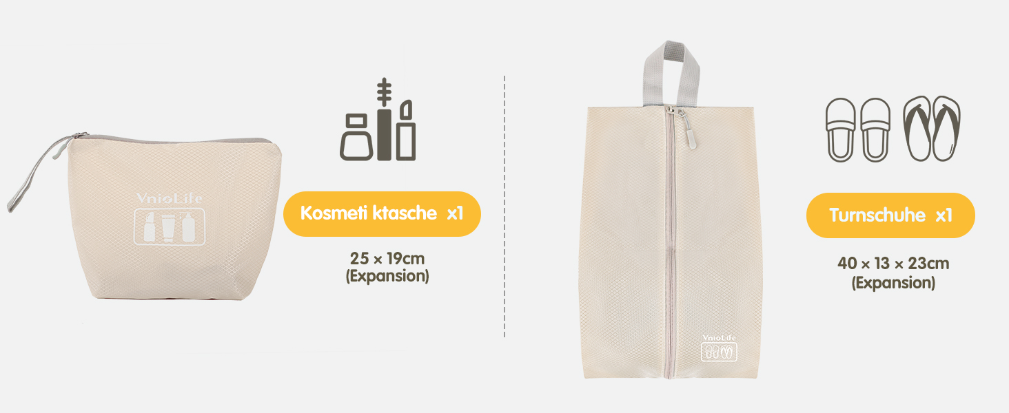 Набори для пакування валіз VnioLife (8 шт.) - Органайзери для подорожей, компресійні куби для одягу, синій та бежевий