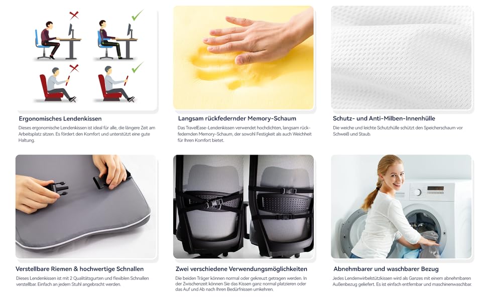 Подушка для спини Travel Ease з Memory Foam для офісного крісла, сірого кольору