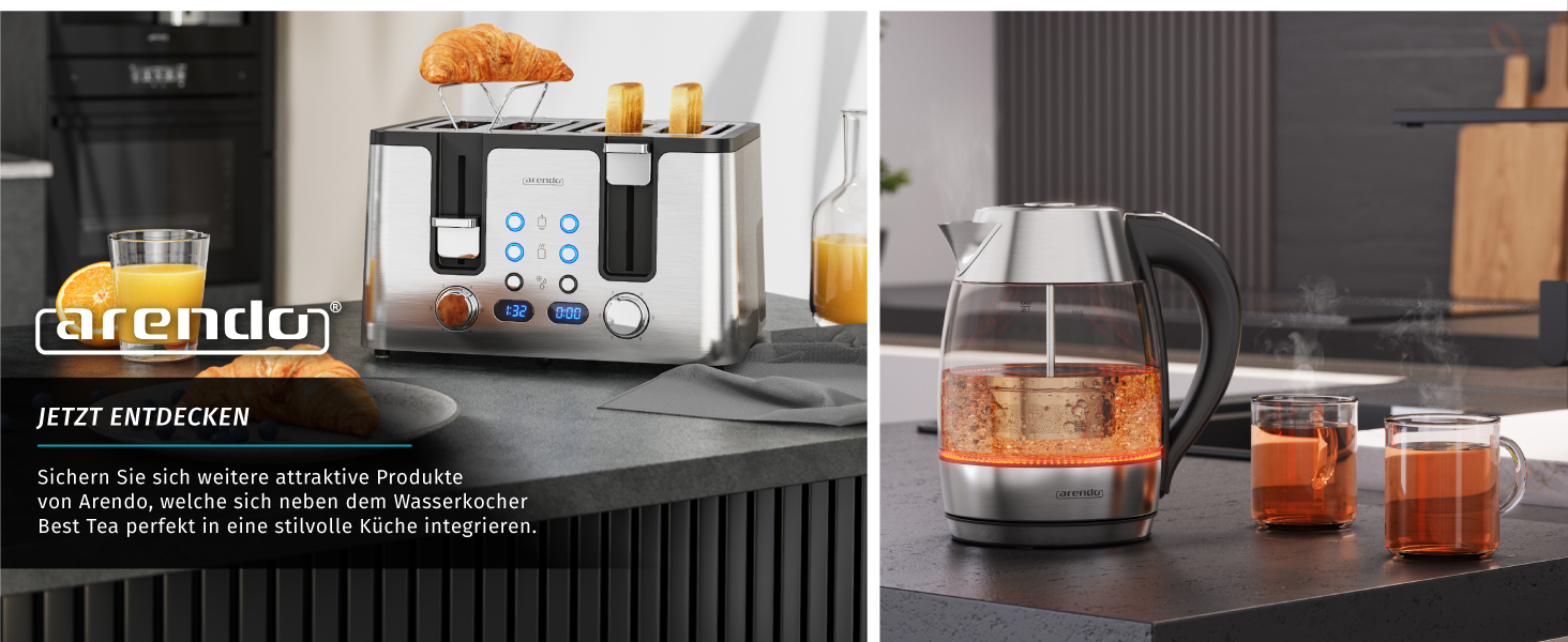Електричний чайник Arendo зі скляною колбою, регулюванням температури, нержавіючою сталлю, LED-підсвічуванням, 2200 Вт, 1.8 л, 2 кришки (з та без сита для чаю), фільтр від накипу, функція підтримки тепла