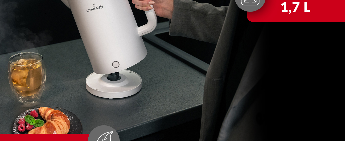 Електричний чайник LEHMANN з нержавіючої сталі 1.7L, 2200W, швидкий нагрів, подвійні стінки, автовимкнення та захист від перегріву, BPA-free, для дитячого харчування, чаю та кави (білий)