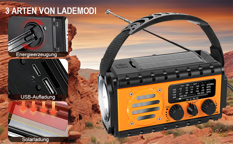 Радіо Winnes для надзвичайних ситуацій з живленням 20000 mAh, AM/FM, ліхтарик, SOS-сигнал, сонячна панель, ручне заряджання, для смартфонів (Помаранчевий)