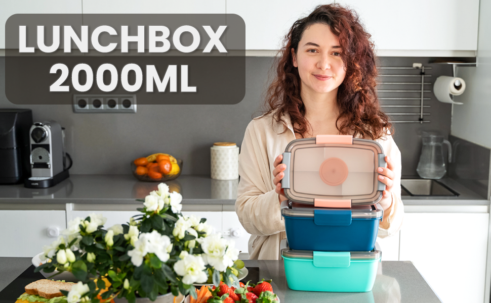 Ланчбокс Bugucat 2000 мл, чорний: герметичний, з відділеннями, для дорослих та дітей, з виделкою, для школи та пікніків